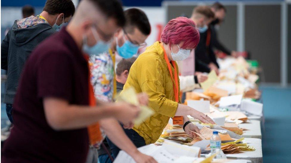 Ballot papers are counted for the Senedd election at the Cardiff House of Sport