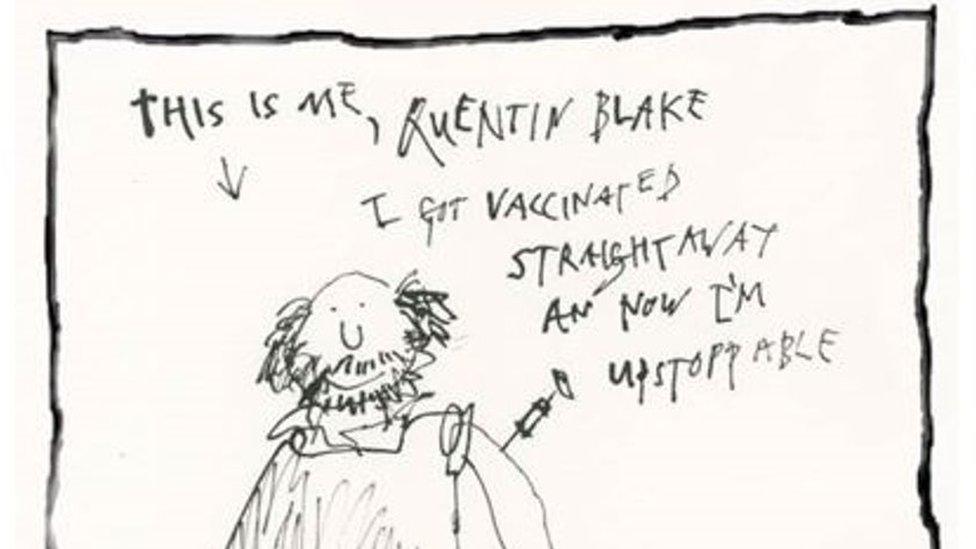 Self-portrait by Sir Quentin Blake, being vaccinated against Covid-19