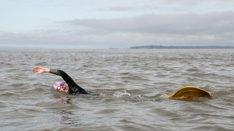 Lindsey Cole swimming across the channel