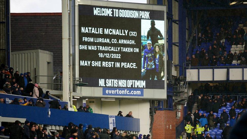 Tribute to Natalie McNally displayed at Goodison Park