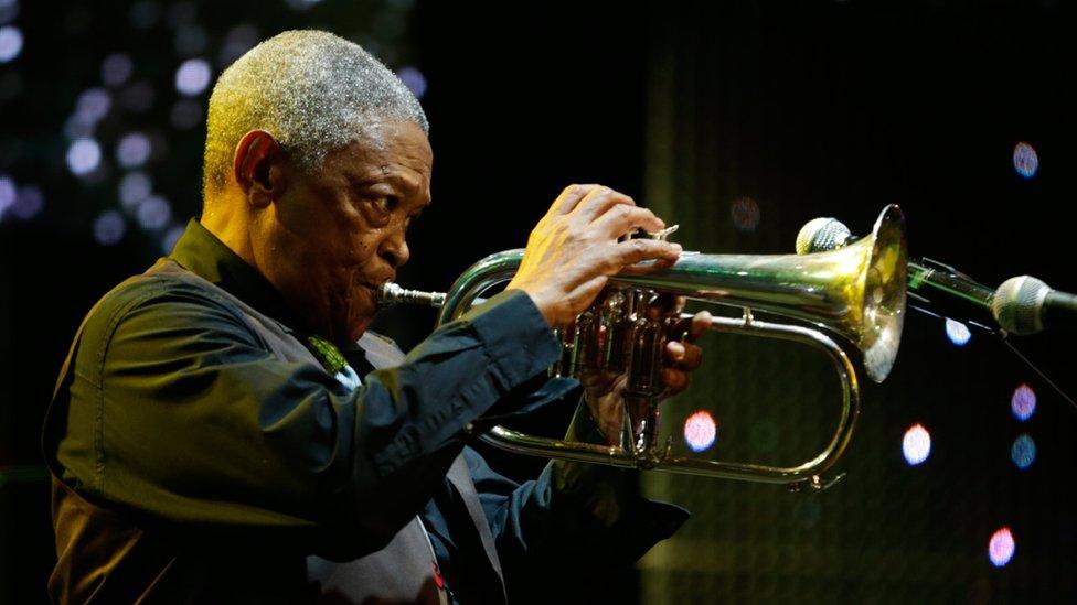 South African jazz musician Hugh Masekela performs on stage during the Safaricom International Jazz Festival in Nairobi, Kenya, 12 August 2016