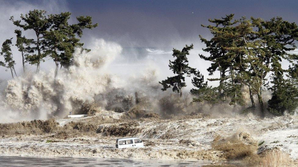 Tsunami waves hitting the coast of Minamisoma in Fukushima prefecture on 11 March 2011