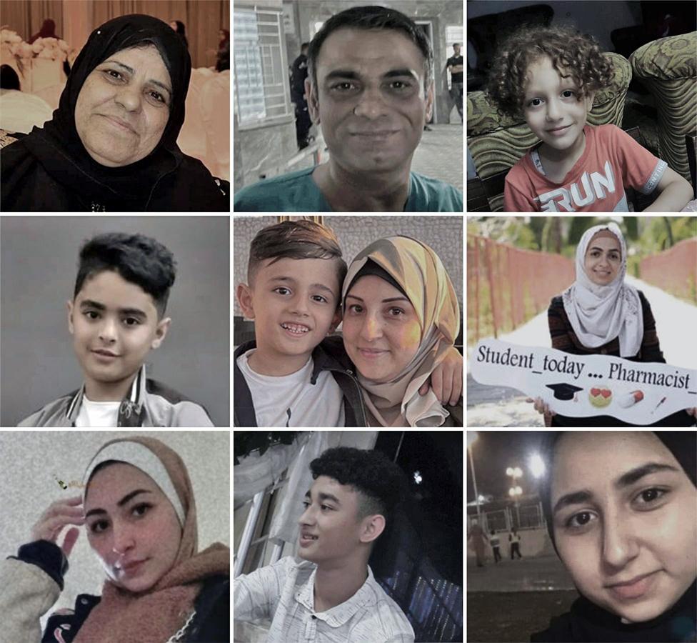 Composite image showing family album photos of Palestinians killed in the bombings in Gaza