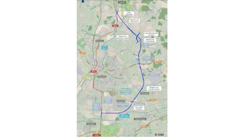 Map of "emerging" route for A350 Melksham bypass