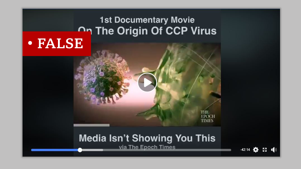 Screenshot of graphic advertising the Epoch Times documentary on the "origin of the CCP Virus". We added "False" label to the graphic.