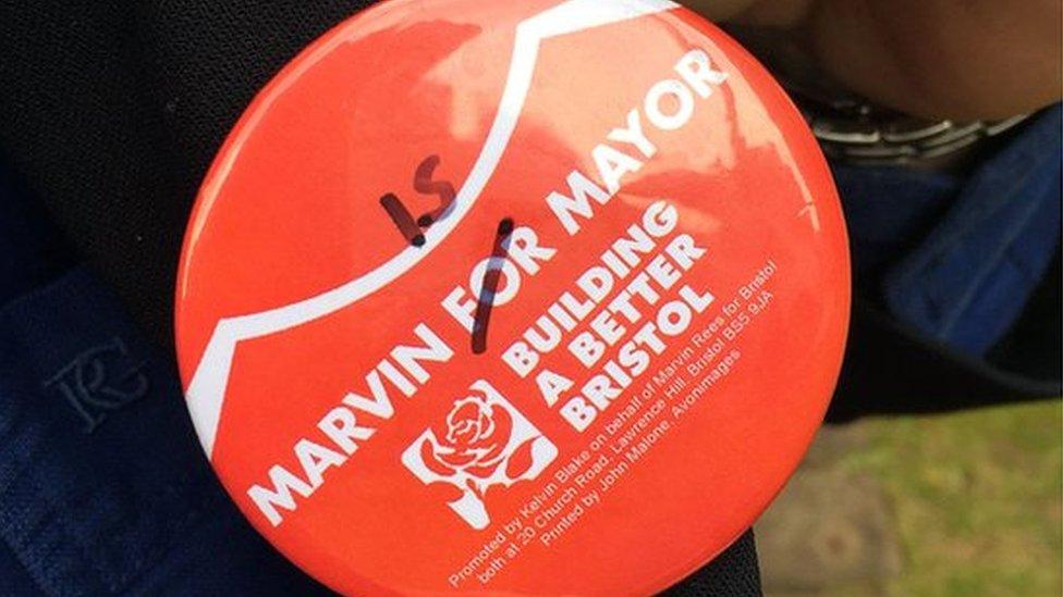 Marvin for Mayor badge on a supporter in Bristol