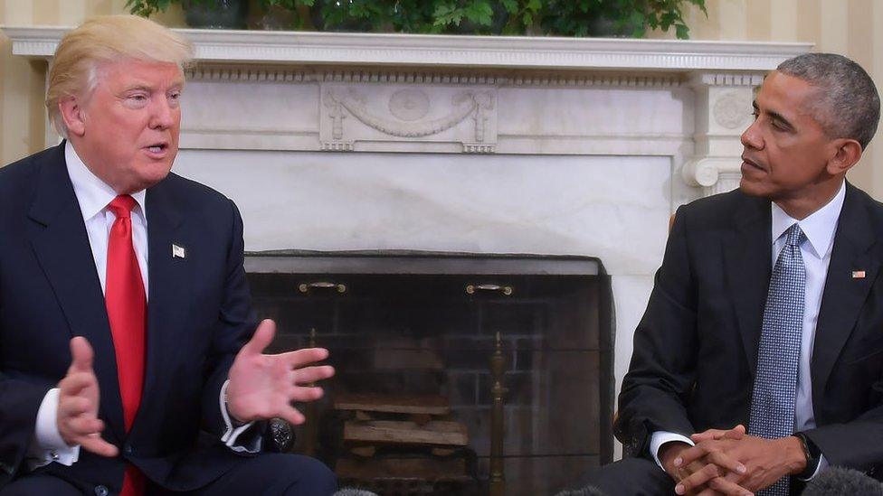 US President Barack Obama meets with Republican President-elect Donald Trump in the Oval Office at the White House