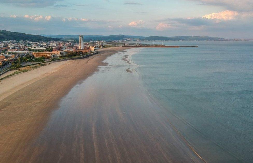 A drone shot of Swansea Bay