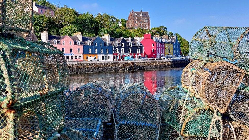 Creel net traps in the foreground, bordering brightly painted houses on the seafont of Mull in the background