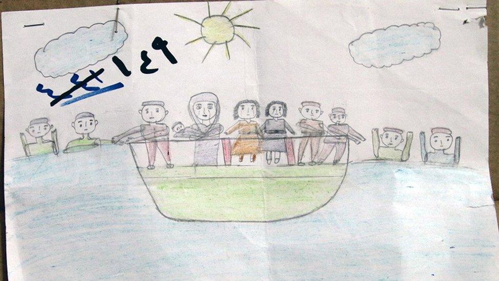 Drawing by Syrian child refugee showing a boat at sea with a group of people on board and several others in the water nearby