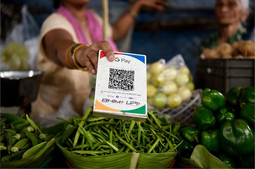 UPI (Universal Payments Interface) code is seen in a vegetable shop in Mumbai, India, 01 August, 2022.