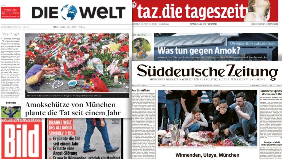 Germany's newspaper front pages on 25 July 2016 cover the aftermath of the Munich shooting attacks three days earlier.