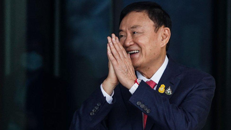 Former Thai prime minister Thaksin Shinawatra greets supporters and journalists upon his arrival at Don Mueang airport in Bangkok, Thailand, 22 August 2023