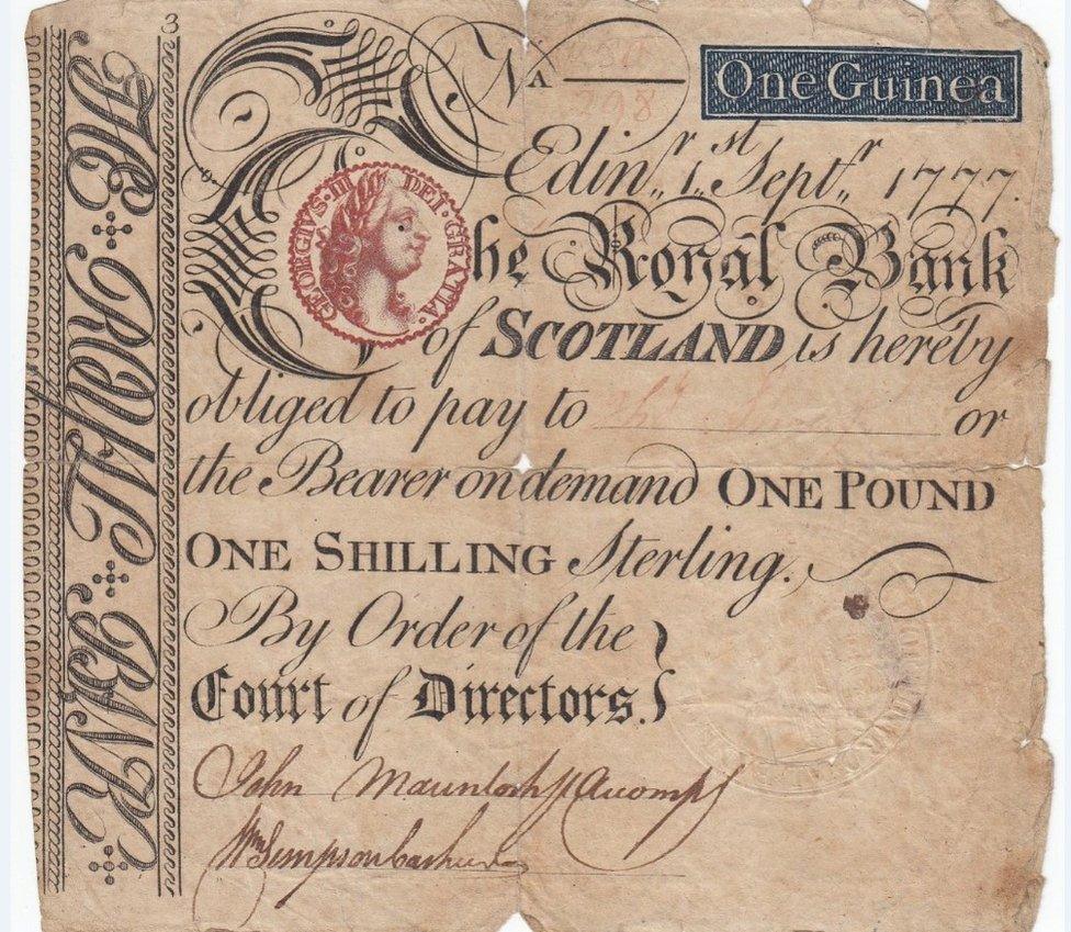 One of the first banknotes printed in three colours – a 1777 Royal Bank note