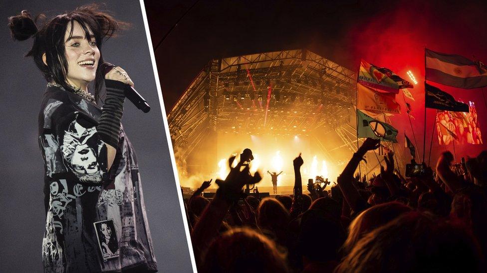 split image with singer billie eilish on the left and on the right a view of billie performing from the pyramid stage on friday with a crowd cheering