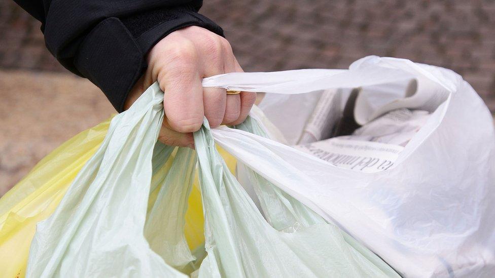 Hand holding plastic bags