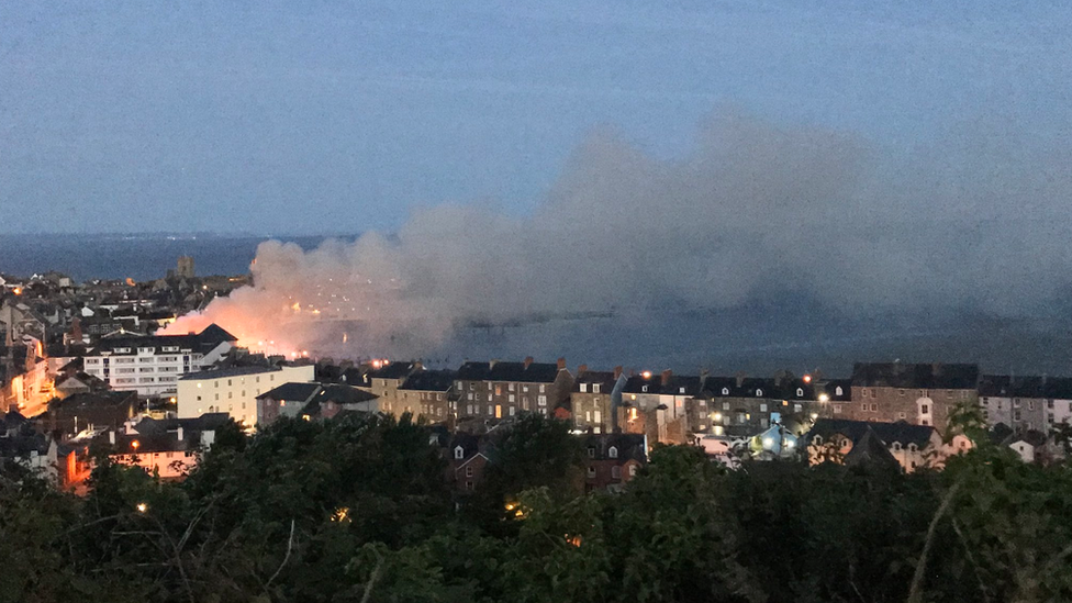 Fire along the Aberystwyth seafront from above