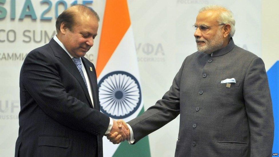 India"s Prime Minister Narendra Modi (R) shakes hands with Pakistan Prime Minister Nawaz Sharif ahead of a meeting in Ufa on the sidelines of the BRICS emerging economies summit in Russia