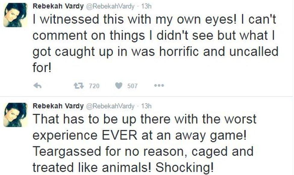 Three tweets: "That has to be up there with the worst experience EVER at an away game! Teargassed for no reason, caged and treated like animals! Shocking!", "I witnessed this with my own eyes! I can't comment on things I didn't see but what I got caught up in was horrific and uncalled for!" and "And this happened before the game even kicked off!"