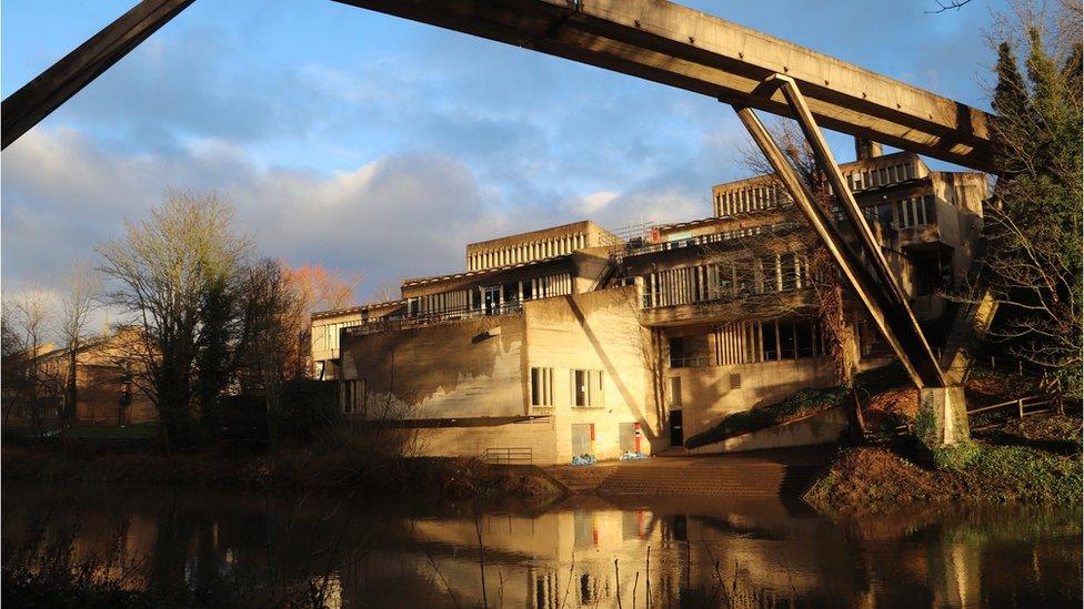 Durham University Students Union, Dunelm House. Durham, as seen across the river with Kingsgate footbridge overhead