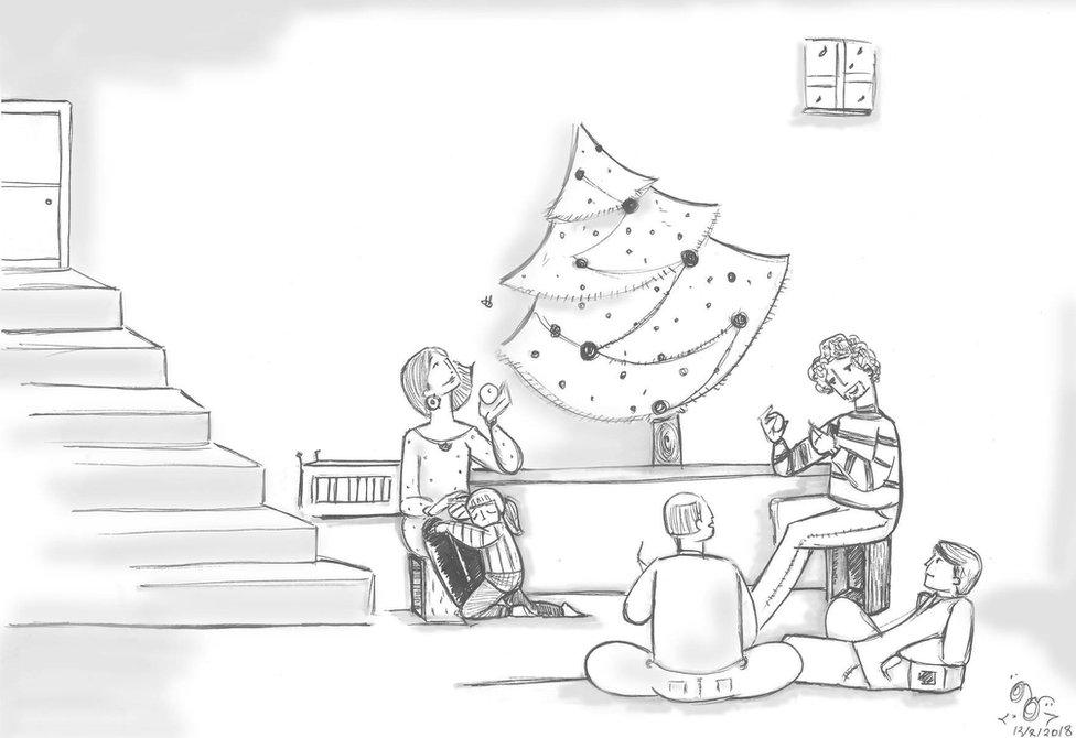 Illustration of friends sitting round a Christmas tree