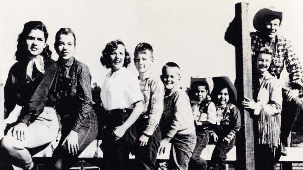 Roy Rogers and Dale Evans with their family on their California ranch - Marion is third left