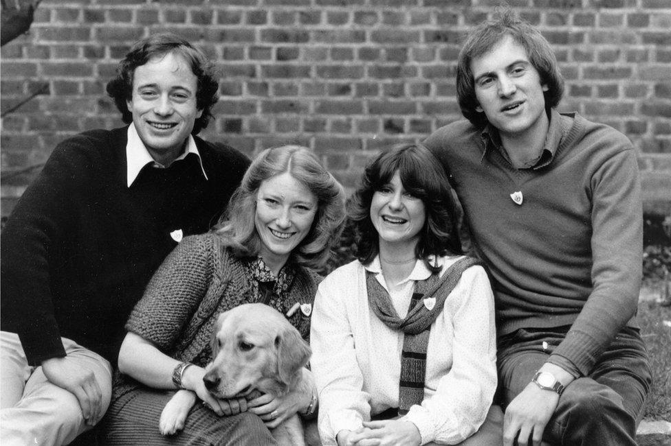 Blue Peter presenters Christopher Wenner, Lesley Judd, 'Goldie' the dog, Tina Heath and Simon Groom