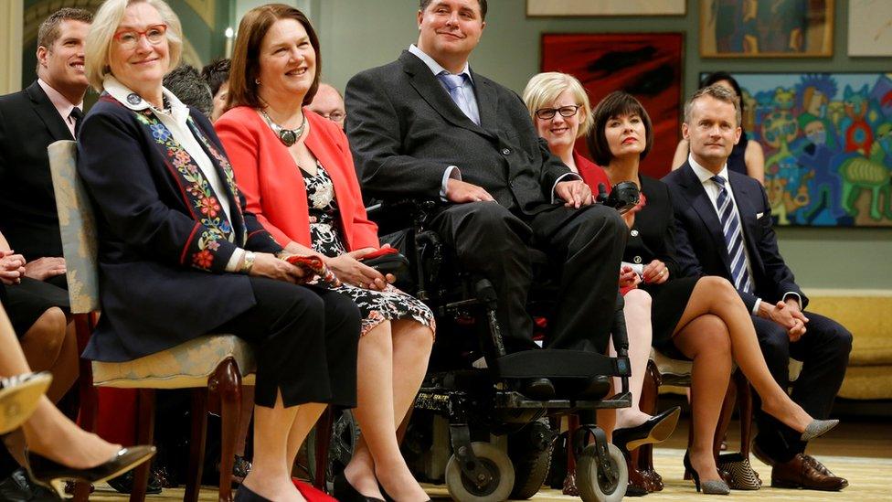 (L-R) Carolyn Bennett, Jane Philpott, Kent Hehr, Carla Qualtrough, Ginette Petitpas Taylor and Seamus O'Reagan take part in a cabinet shuffle