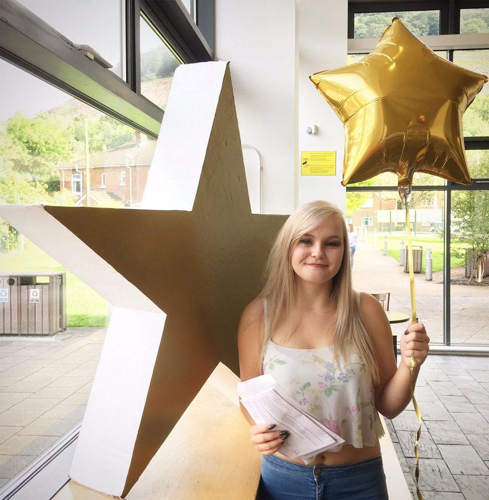 Katie Higgs celebrates her birthday - and three A* grades at Coleg Gwent