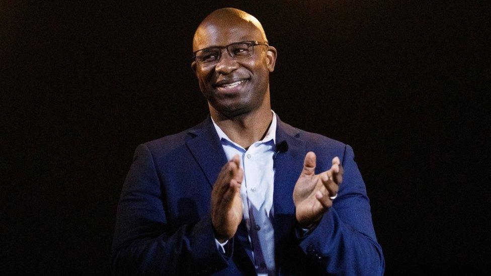 Jamaal Bowman speaks at a watch party as he takes an early lead in the democratic primary for New York"s 16th Congressional District in Yonkers, New York, U.S., June 23, 2020