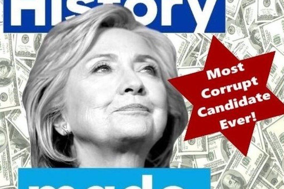 Tweet with picture of Hillary Clinton and $100 bills as background and the message "Most corrupt candidate ever" on a form resembling the Star of David