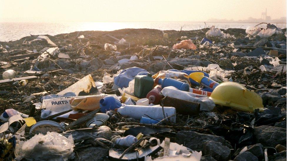 A beach filled with plastic rubbish. The sun is low in the sky.