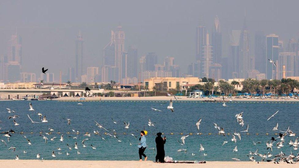 General shot of beach and skyline in Dubai, February 2021