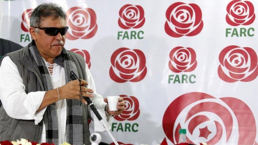 Jesus Santrich, a leader of Colombia;s former Marxist FARC rebels, gestures during a news conference in Bogota, Colombia November 16, 2017. Picture taken November 16, 2017.