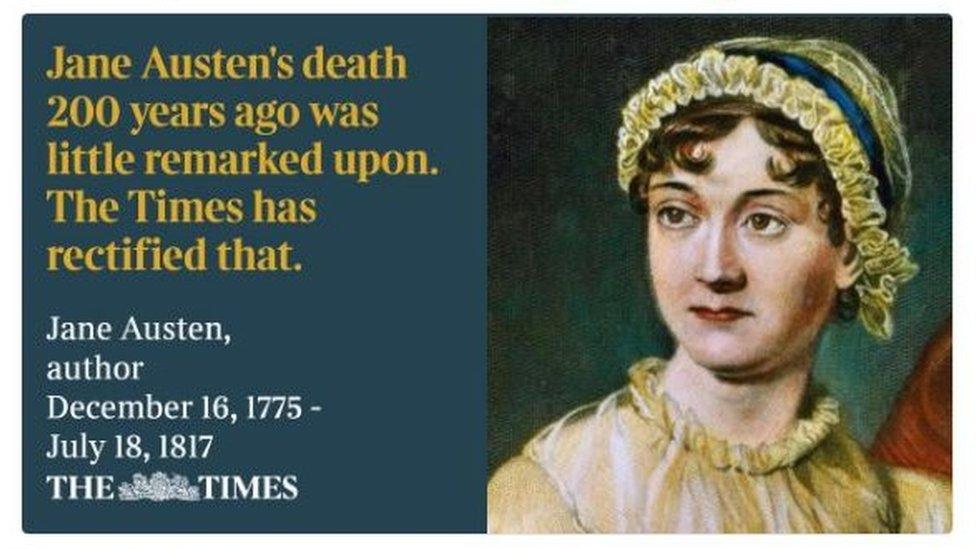 The Times tweeted their obituary of Jane Austen