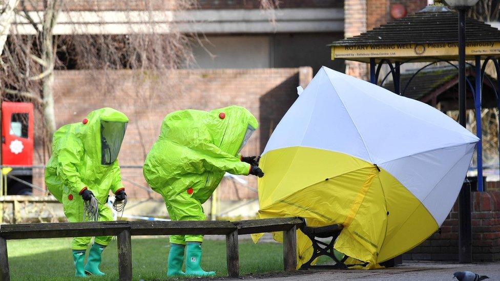 Experts at tent over the bench where where Sergei Skripal and his daughter Yulia were found on 4 March 2018