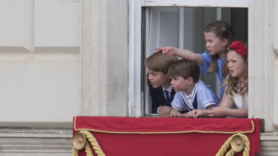 Prince George, Prince Louis, Princess Charlotte and Mia Grace Tindall watch the Trooping of the Colour ceremony