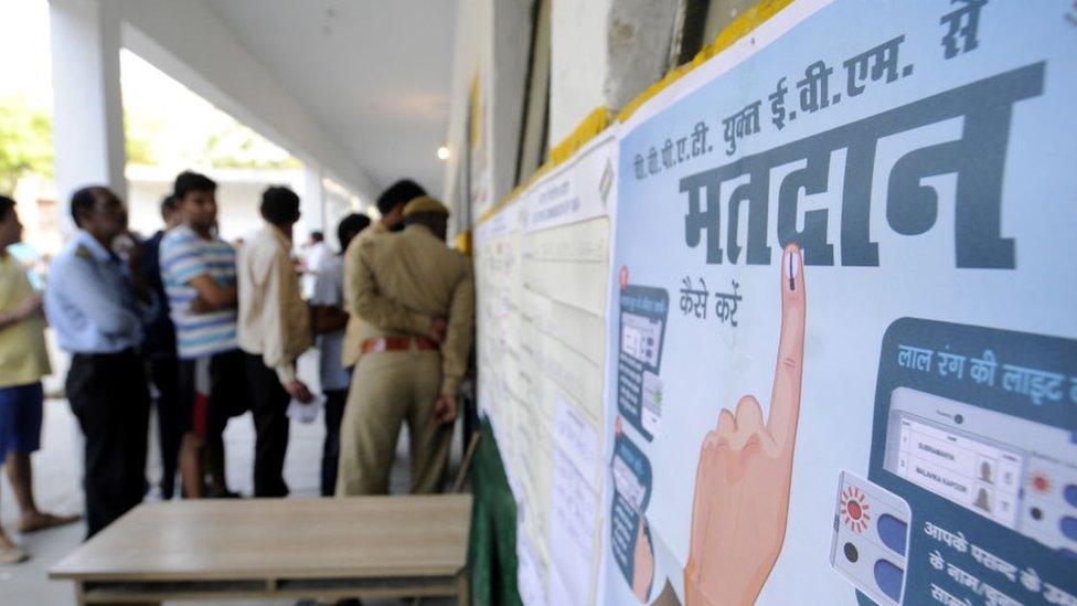 Voters lined up at government school in Sector 27 early in the morning to cast their votes on April 11, 2019 in Noida, India.