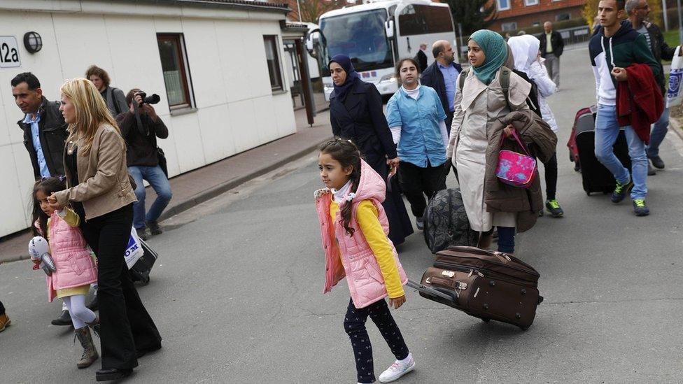 Migrants at a camp in Friedland, Germany