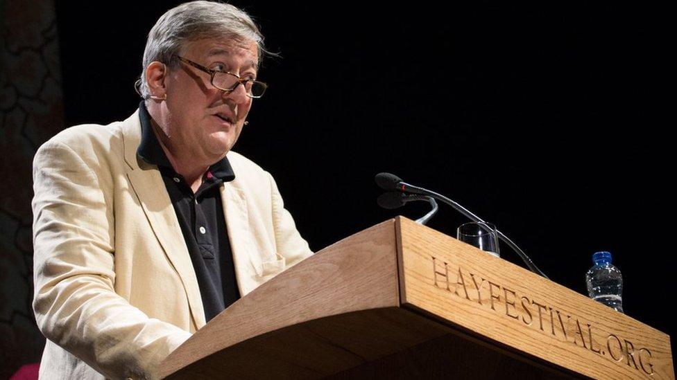 Stephen Fry delivering lecture at Hay Festival