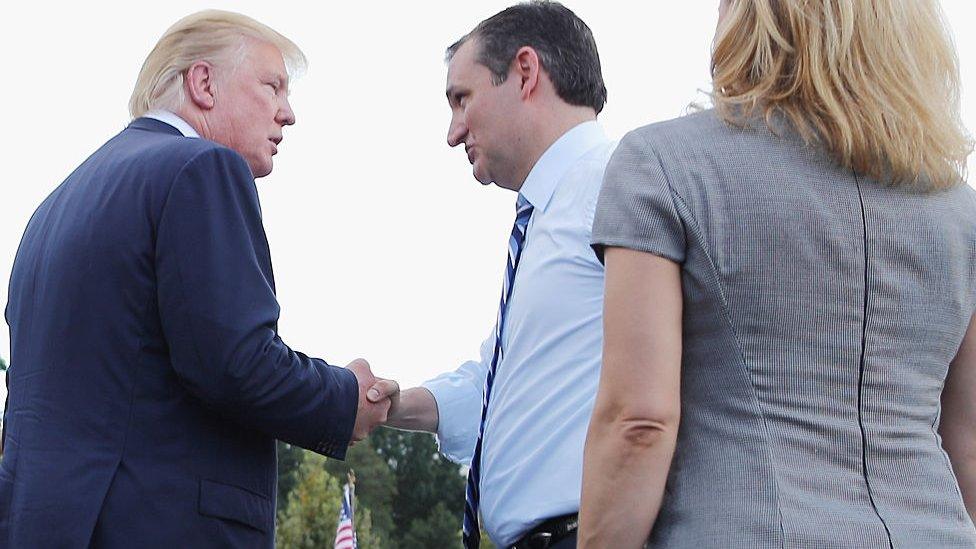 Republican presidential candidates Donald Trump and Ted Cruz and his wife Heidi Nelson Cruz meet on stage during a rally