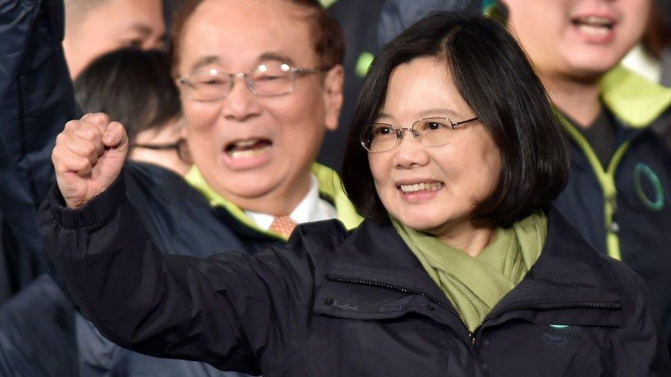 This photograph taken on 16 January 2016 shows Taiwan president-elect Tsai Ing-wen gesturing following her win in the presidential elections in Taipei.