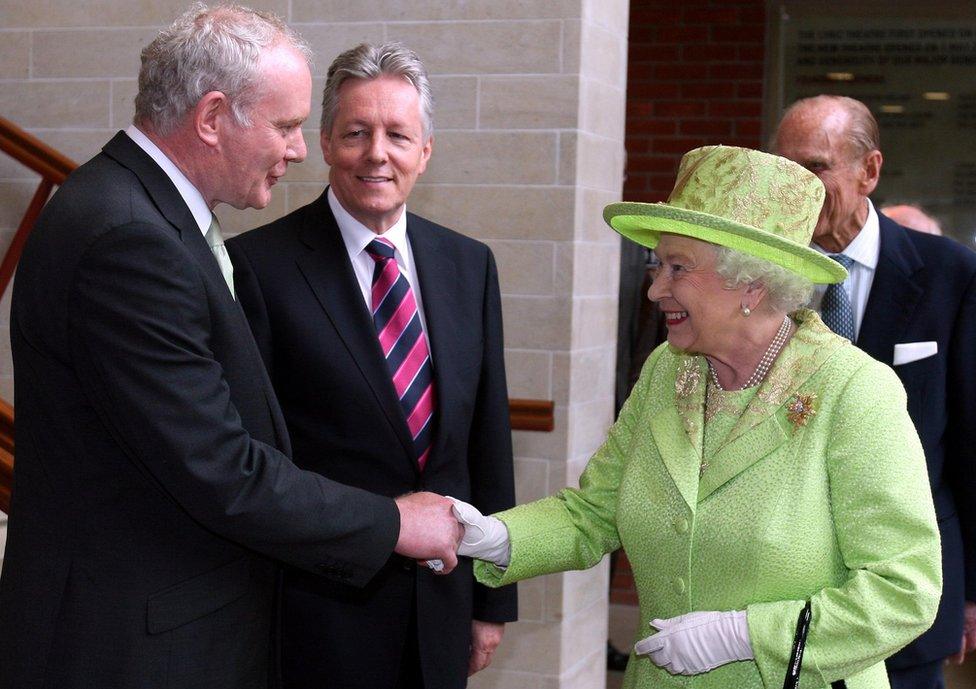 Martin McGuinness shakes hands with the Queen in Belfast in 2012