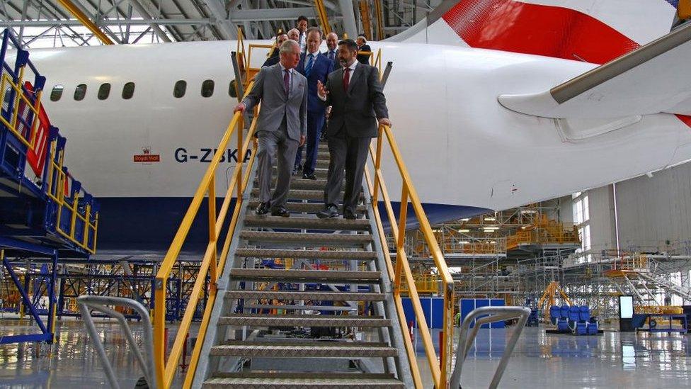 The Prince of Wales and BA chief executive Alex Cruz have a tour of the British Airways Maintenance Centre in Rhoose earlier this year