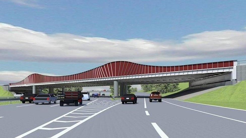 Darmstadt's new motorway bridge is shown painted red in this computer-generated image.