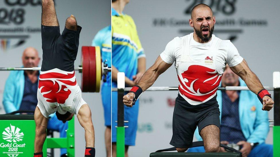 Ali Jawad doing a handstand and next to weights