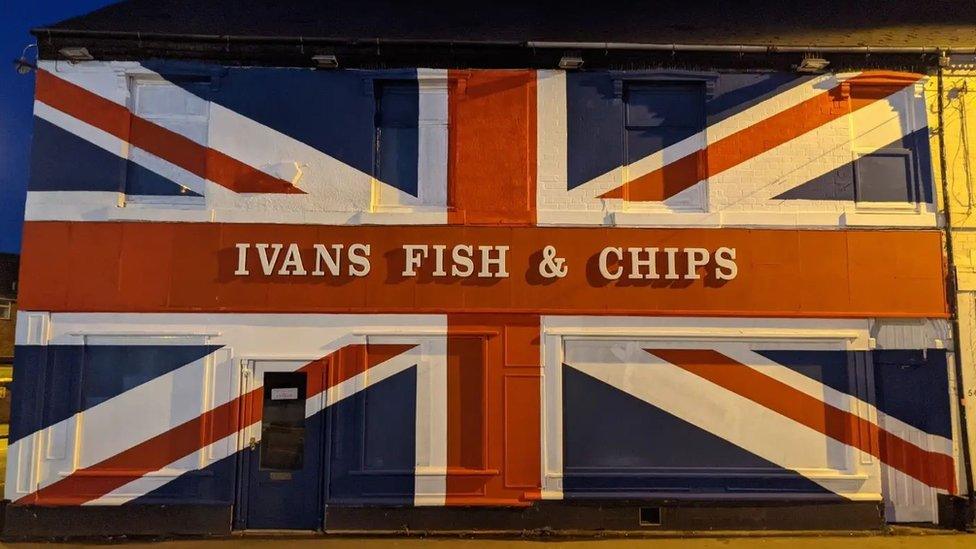 Giant Union Jack flag on Ivan's fish and chip shop