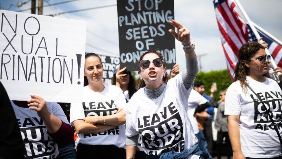 Protesters on Friday outside Saticoy Elementary School