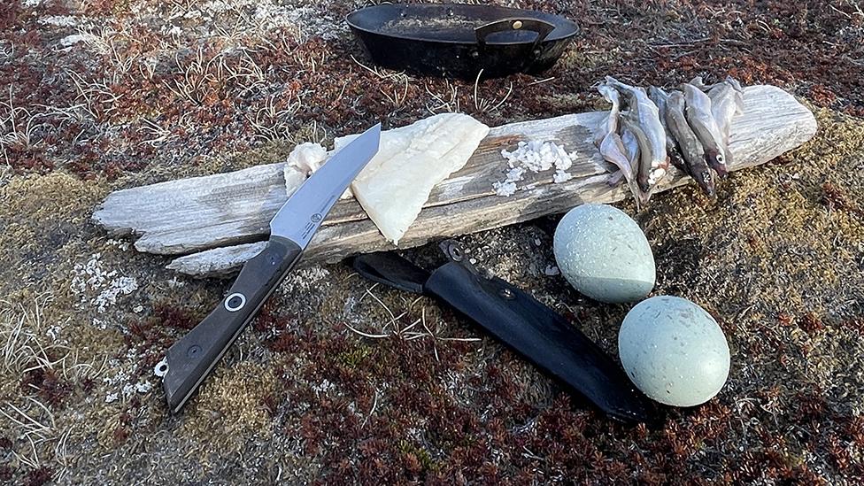 Fish and eggs and a knife on a piece of wood