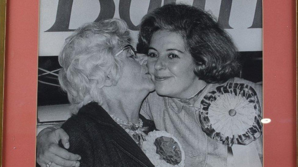 Photograph of Betty Boothroyd on the day she was first elected as an MP in 1973